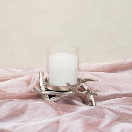 Antler candle stand with glass in nickle finish