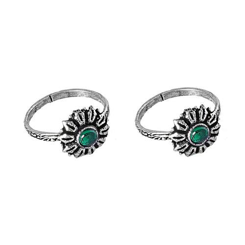 Teejh Kaina Green Stone Silver Oxidised Toe Rings