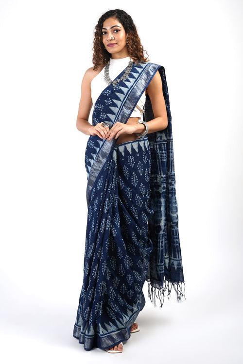 Teejh Aprajitha Indigo Block Print Linen Cotton Saree With Blouse Piece