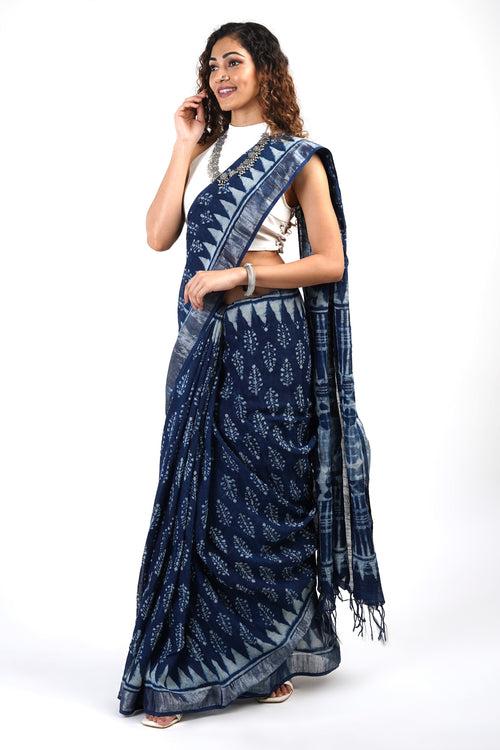 Teejh Aprajitha Indigo Block Print Linen Cotton Saree With Blouse Piece