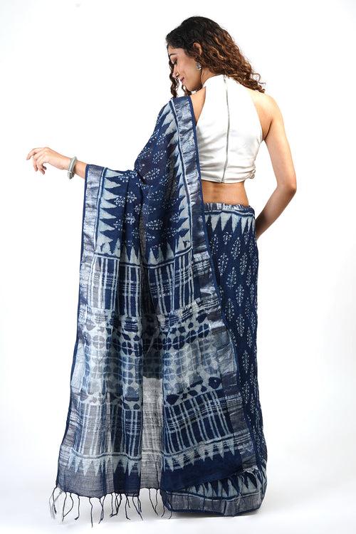 Teejh Aprajitha Indigo Block Print Linen Cotton Saree With Blouse Piece