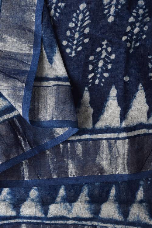 Teejh Aprajitha Indigo Block Print Linen Cotton Saree With Blouse Piece