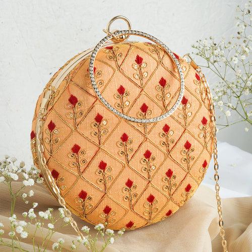 Ekaani Peach Embroidered Fabric Clutch