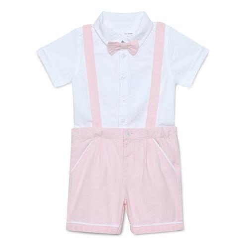 Baby Boys Shirt With Bow Tie and Suspender Shorts -3pcs set