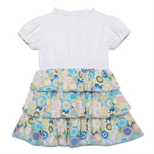 Baby Girls Frill Neck Puff Sleeve Printed Dress With Headband(2pcs set)