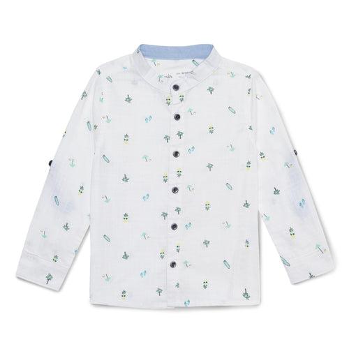 Baby Boys Grandad Collar Neck Roll Up Sleeve Printed Shirt