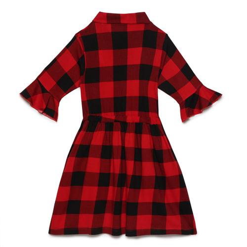 Kid Girls Fluted Sleeve Checks Printed Dress