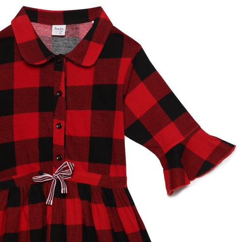 Kid Girls Fluted Sleeve Checks Printed Dress