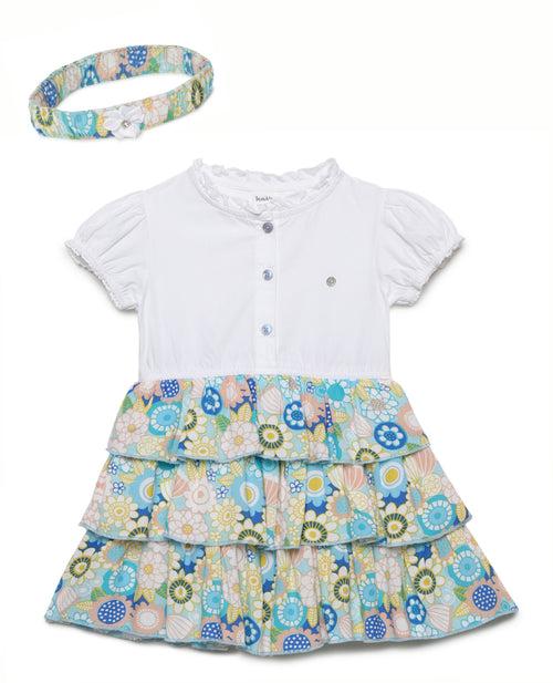 Baby Girls Frill Neck Puff Sleeve Printed Dress With Headband(2pcs set)