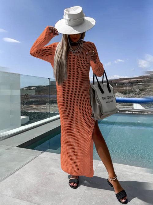 Orange Knitted Sleeved Split Dress