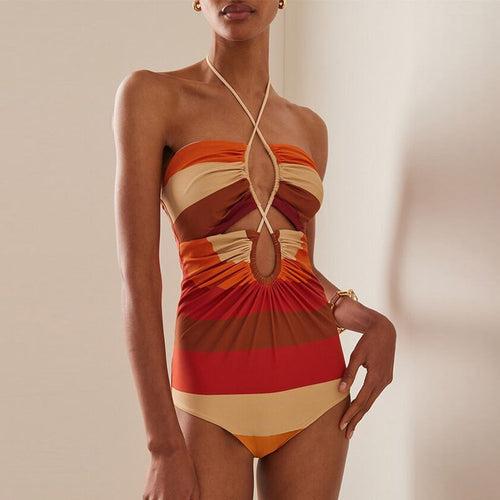 Vintage Colorblock Halter Neck Swimsuit