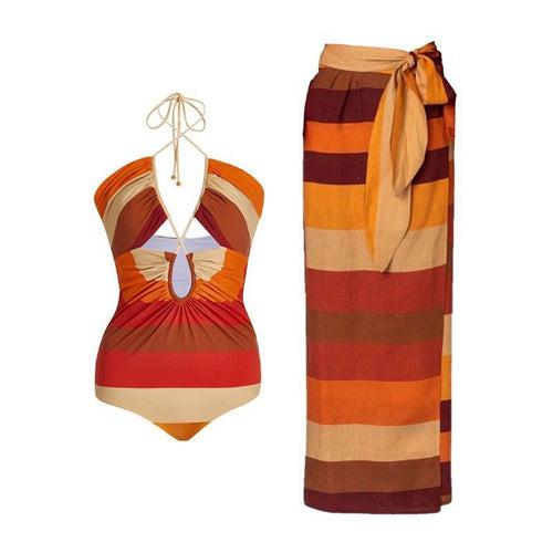 Vintage Colorblock Halter Neck Swimsuit