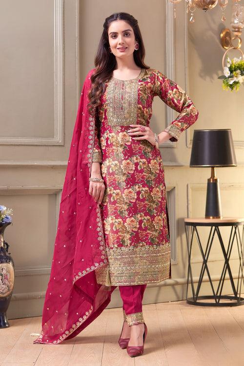 Pink Sequins and Zari work with Banaras Zari Weaving Straight Cut Salwar Suit