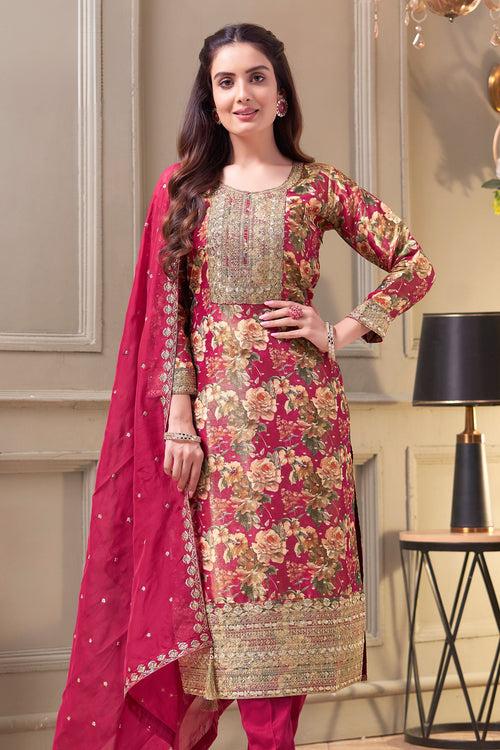 Pink Sequins and Zari work with Banaras Zari Weaving Straight Cut Salwar Suit