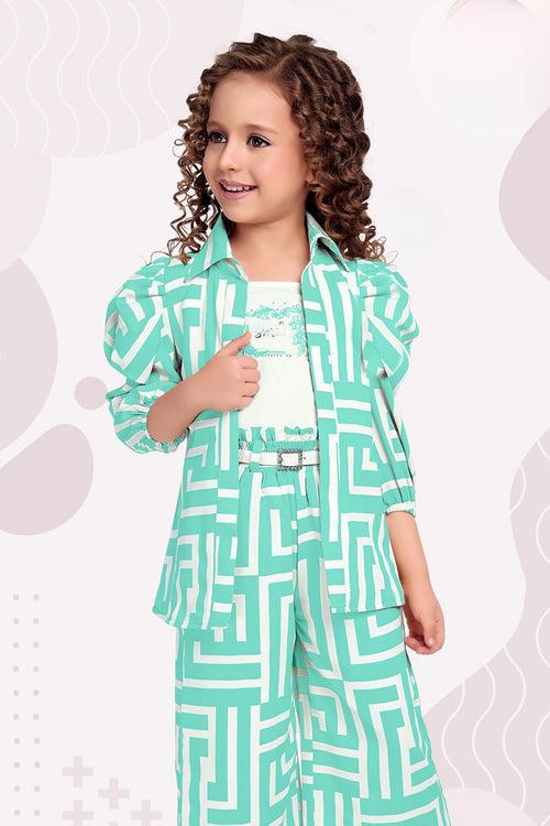 Sea Green with White Print Overcoat Styled Palazzo Set for Girls