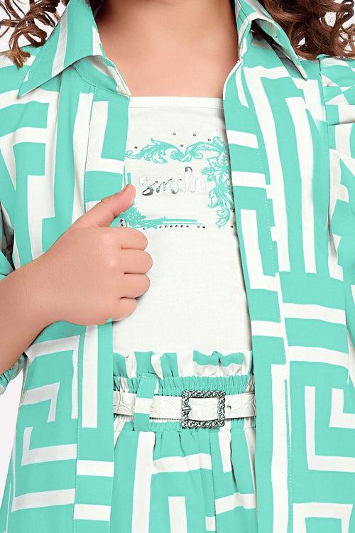 Sea Green with White Print Overcoat Styled Palazzo Set for Girls