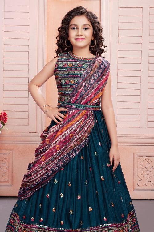 Peacock Blue Multicolor Thread, Sequins and Zari work Lehenga Choli for Girls