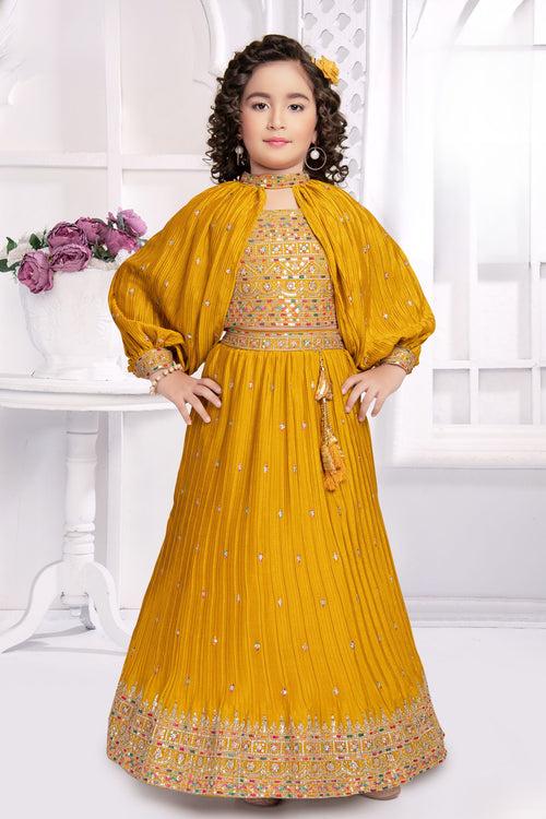 Yellow Zari and Sequins work Cape Pattern Lehenga Choli for Girls