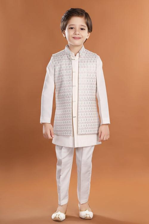 Cream Zari and Thread work Waist Coat Kurta Set for Boys