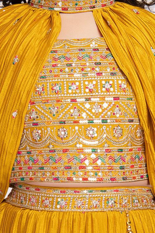 Yellow Zari and Sequins work Cape Pattern Lehenga Choli for Girls