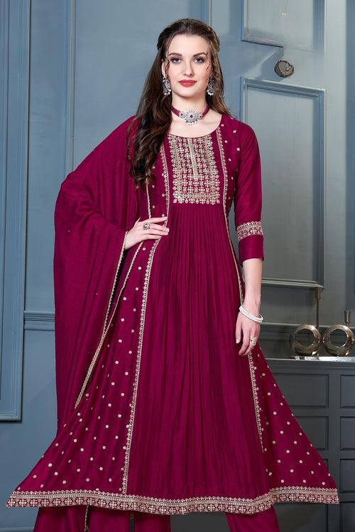 Maroon Zari, Thread and Sequins work Anarkali Style Salwar Suit with Straight Pants