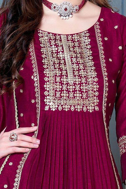 Maroon Zari, Thread and Sequins work Anarkali Style Salwar Suit with Straight Pants