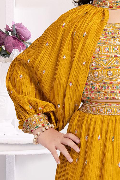 Yellow Zari and Sequins work Cape Pattern Lehenga Choli for Girls