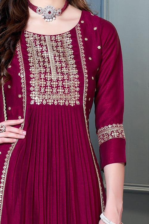 Maroon Zari, Thread and Sequins work Anarkali Style Salwar Suit with Straight Pants