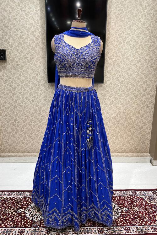 Blue Zari, Thread, Stone, Sequins and Crystal Beads work Crop Top Lehenga