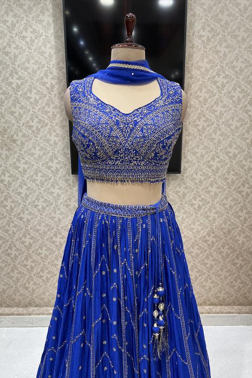 Blue Zari, Thread, Stone, Sequins and Crystal Beads work Crop Top Lehenga