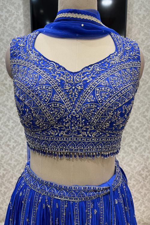 Blue Zari, Thread, Stone, Sequins and Crystal Beads work Crop Top Lehenga