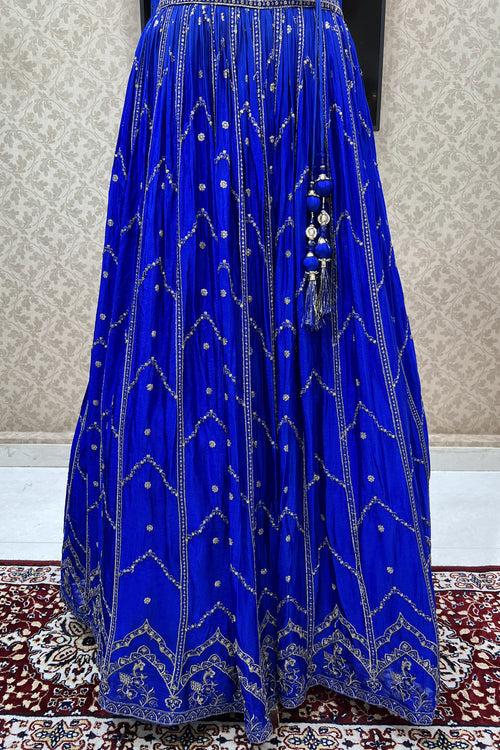 Blue Zari, Thread, Stone, Sequins and Crystal Beads work Crop Top Lehenga