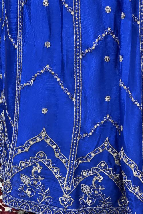 Blue Zari, Thread, Stone, Sequins and Crystal Beads work Crop Top Lehenga