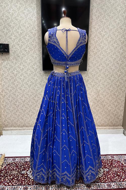 Blue Zari, Thread, Stone, Sequins and Crystal Beads work Crop Top Lehenga