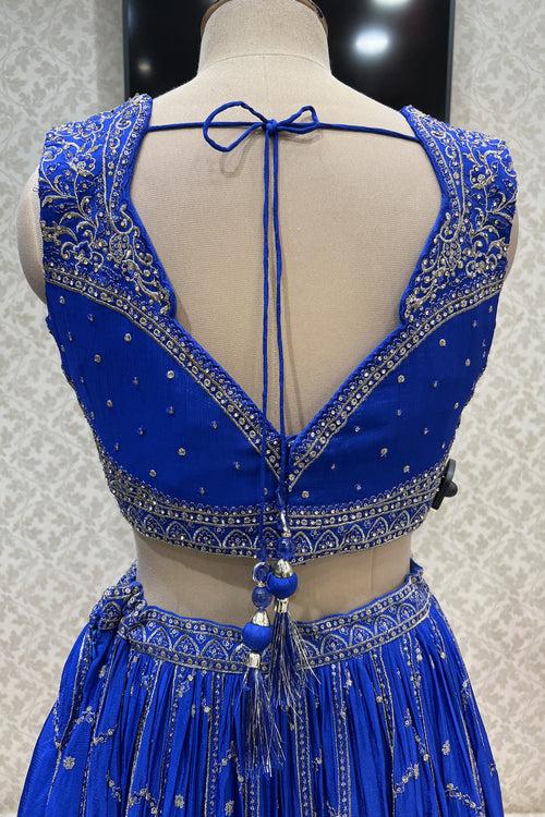 Blue Zari, Thread, Stone, Sequins and Crystal Beads work Crop Top Lehenga