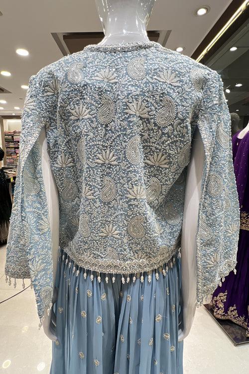 Sky Blue Chickankari and Sequins work Crop Top with Overcoat Styled Palazzo Suit Set