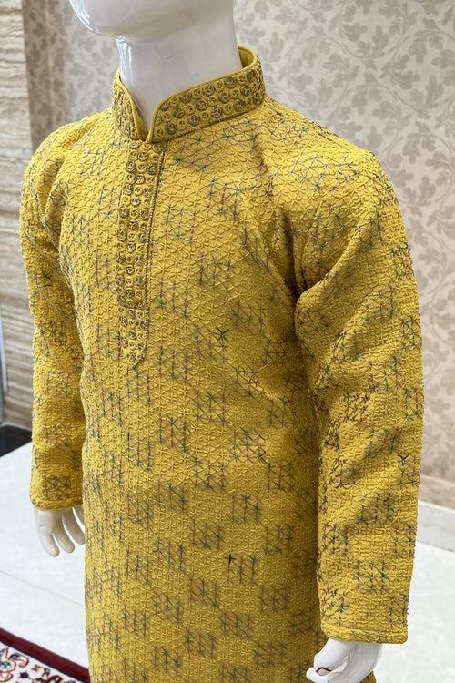 Yellow with White Lucknowi Thread work Kurta Set for Boys