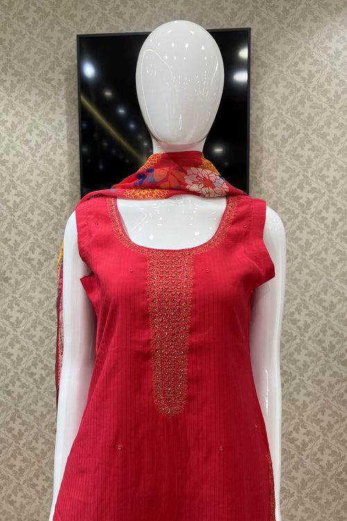 Red Stone, Thread and Mirror work Straight Cut Salwar Suit with Floral Print Dupatta