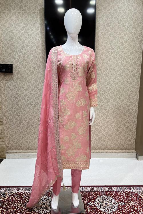 Light Pink Mirror and Sequins work with Banaras Zari Weaving Straight Cut Salwar Suit