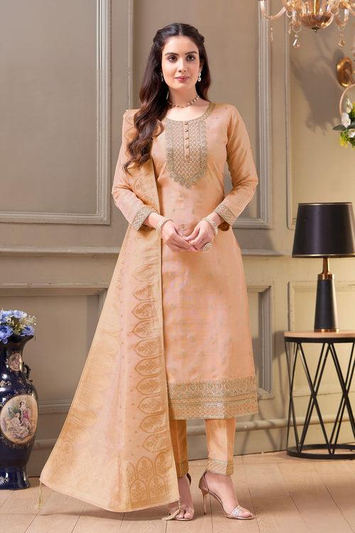 Peach Zari, Thread, Sequins and Banaras work Straight Cut Salwar Suit