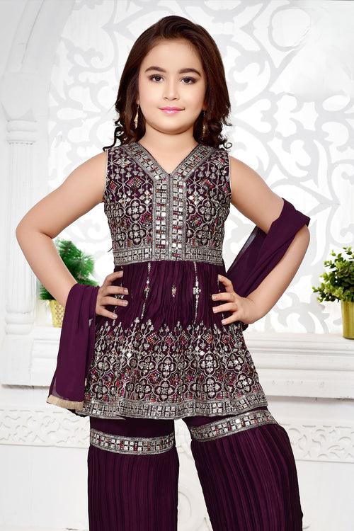 Wine Zari, Sequins and Thread work Peplum Style Sharara Suit Set for Girls