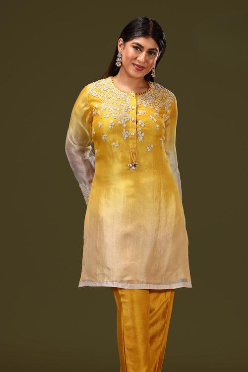 Yellow with Beige Lucknowi Thread work Straight Cut Salwar Suit