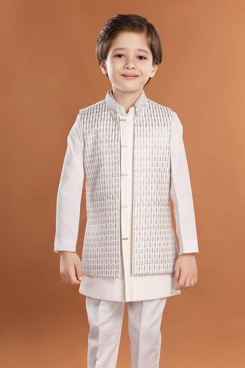 Cream Zari and Thread work Waist Coat Kurta Set for Boys