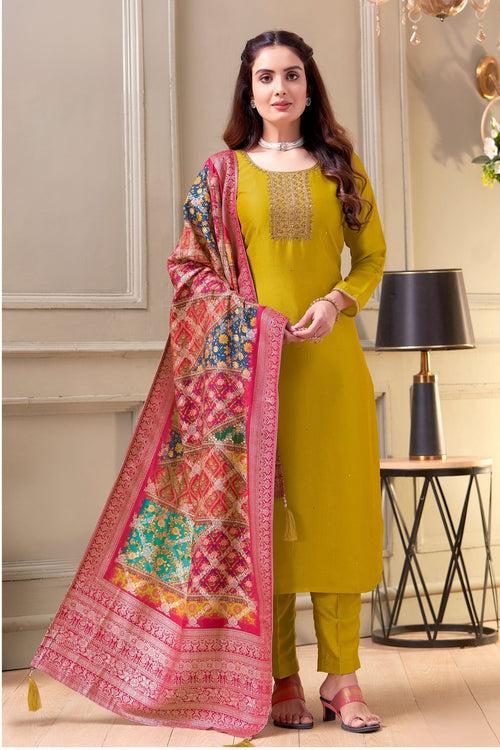 Mustard Zardozi and Beads work Straight Cut Salwar Suit with Multicolor Banaras Dupatta