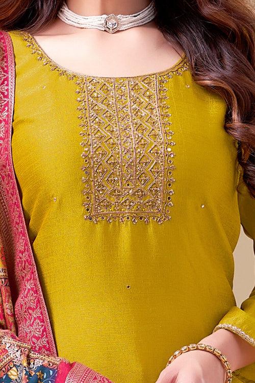 Mustard Zardozi and Beads work Straight Cut Salwar Suit with Multicolor Banaras Dupatta