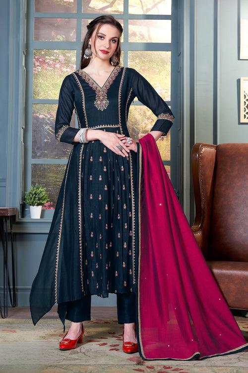 Navy Blue Thread, Sequins and Zari work Anarkali Style Salwar Suit with Straight Pants