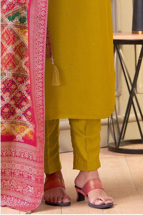 Mustard Zardozi and Beads work Straight Cut Salwar Suit with Multicolor Banaras Dupatta