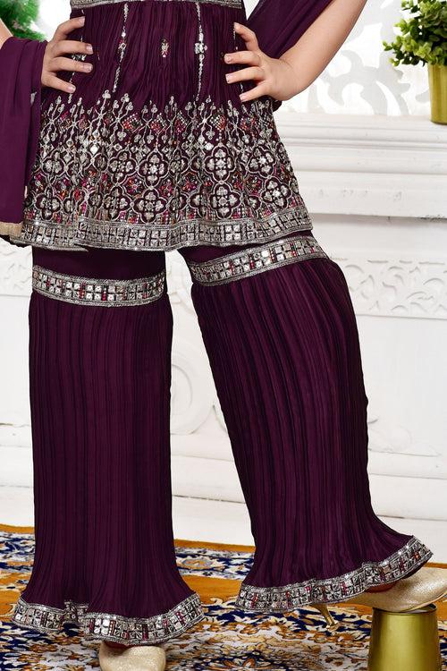 Wine Zari, Sequins and Thread work Peplum Style Sharara Suit Set for Girls