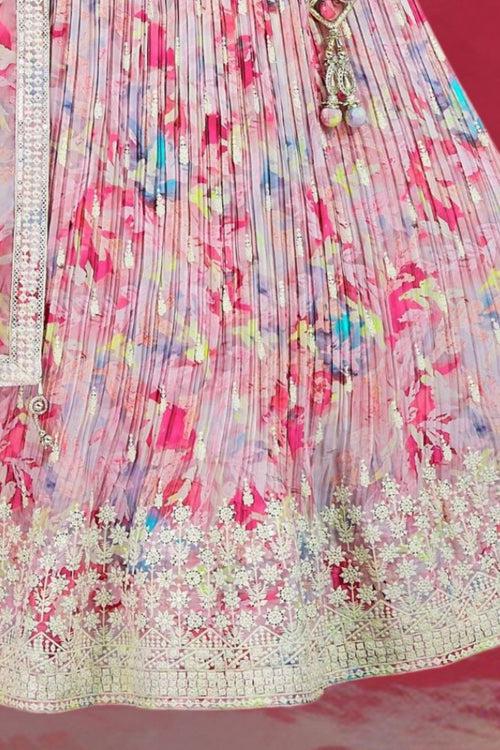 Light Pink Thread and Sequins work with Digital Print Crop Top Lehenga