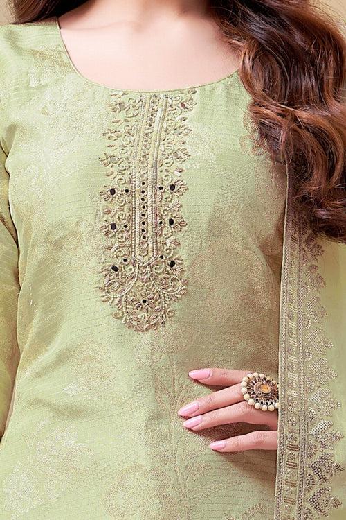 Pista Green Mirror and Sequins work with Banaras Zari Weaving Straight Cut Salwar Suit